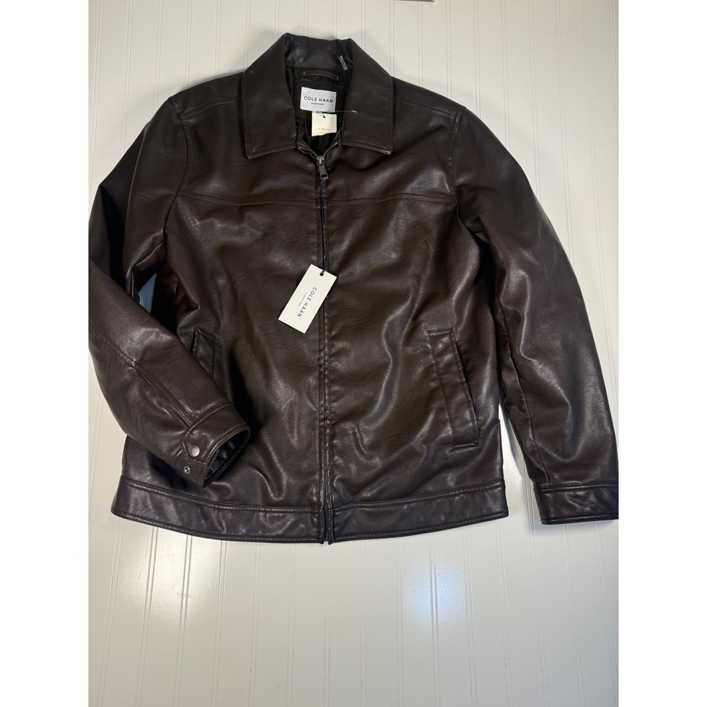 Cole Haan Signature Mens Faux Leather Jacket Brown Quilted Lined Large NWT